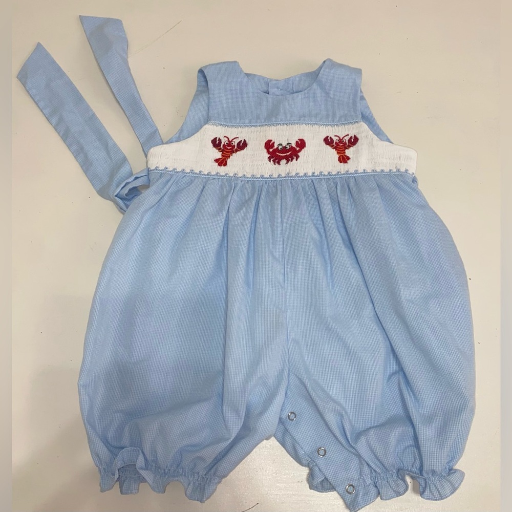 Charming Light Blue Kids Romper with Crab Embroidery